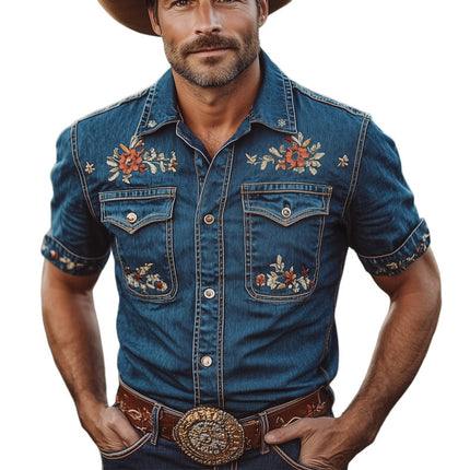 Men's Embroidered Denim Shirt | Short Sleeve | Classic Summer Style | Casual Outings | Lightweight Breathable Fabric | Traditional Collar | Sizes S to 3XL | Easy Care | Versatile Fashion