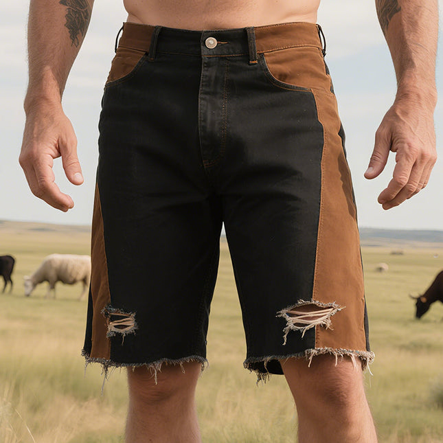 Men's Retro Western Cowboy Denim Shorts | Ripped Washed Style | Classic Ranch Look | Relaxed Fit | High-Quality Durable Fabric | Vintage Appeal | Adjustable Waist | Sizes S to 3XL