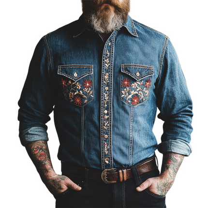 Men's Vintage Washed Denim Shirt | Dark Blue | Embroidered Details | Long Sleeve | Casual & Smart-Casual | Regular Fit | Button Front | Chest Pockets | Turn-Down Collar | Machine Washable | Classic & Stylish