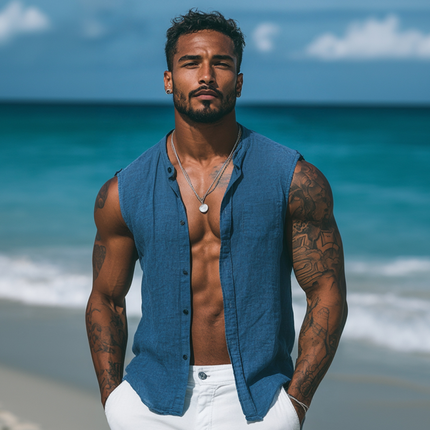 Men's Breathable Cotton Linen Sleeveless Shirt | Slim Fit | Stand Collar | Single-Breasted | Casual Summer Top | Lightweight | Versatile Warm Weather Apparel