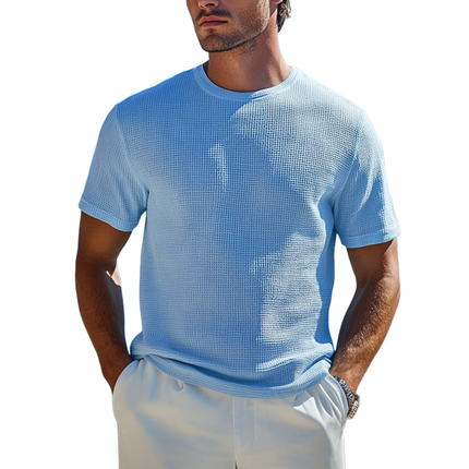 Men's Cotton Blended Waffle Short Sleeve T-Shirt | Round Neck | Loose Fit Casual Top | Comfortable & Stylish | Perfect for Everyday | Soft & Breathable Fabric | Versatile Vintage Look