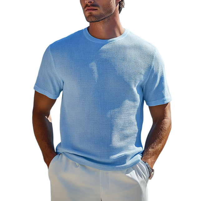 Men's Cotton Blended Waffle Short Sleeve T-Shirt | Round Neck | Loose Fit Casual Top | Comfortable & Stylish | Perfect for Everyday | Soft & Breathable Fabric | Versatile Vintage Look