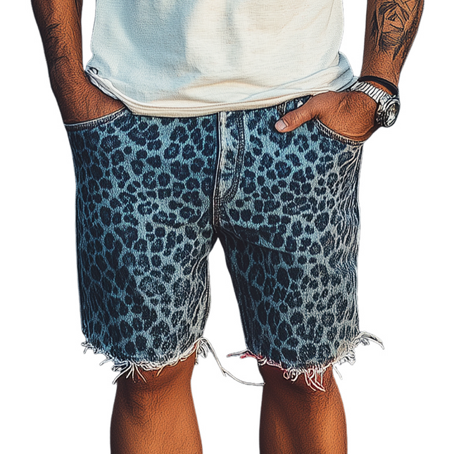 Men's Retro Western Cowboy Shorts | Leopard Print | Washed Denim | Loose Fit | Raw Edge Hem | Casual Style | Spring and Summer Fashion