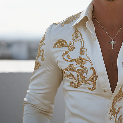 Men's Cowboy Style Shirt | Summer Chiffon Long Sleeve | Embroidered Design | Lightweight & Breathable | Casual & Semi-Formal | Rustic Elegance | Versatile Wardrobe Staple