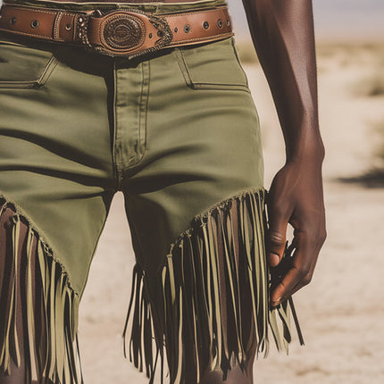 Men's Denim Shorts | Western Cowboy Style | Vintage Tassel | Mid-Rise Fit | Durable Stretch | Worn-in Wash | Above Knee Length | Multiple Pockets | Americana Fashion | Sizes S to 3XL