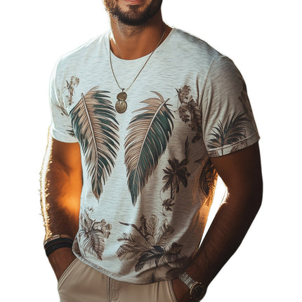 Men's Tropical Leaves Print T-Shirt | Short Sleeve | Casual Beachwear | Soft Breathable Cotton Blend | Crew Neck | Lightweight | Summer Essential