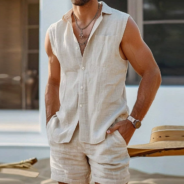 Men's Linen Sleeveless Shirt Set | Casual Lapel Top & Loose Elastic Waist Shorts | Lightweight Breathable Summer Outfit | Beach & Casual Wear