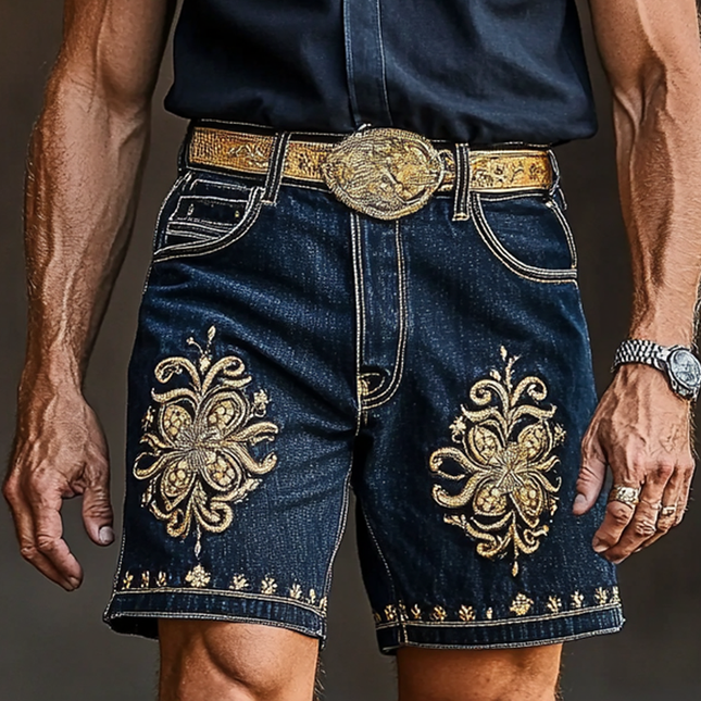 Men's Retro Embroidered Denim Shorts | Vintage Inspired Casual Wear | Straight Leg Comfortable Fit | Durable High-Quality Denim | Above the Knee Length | Customizable Waistband | Summer Festival and Weekend Style