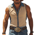 Men's Slim Fit Sleeveless Shirt | Spring & Summer Fashion | Western Cowboy Style | Thin Suede Tencel Denim | Casual Breathable Top | Unique Stitching | Comfortable & Stylish