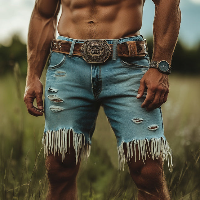Men's Denim Shorts | Western Cowboy Style | Ripped Tassel Design | Premium Quality Denim | Distressed Detail | Mid-Rise Fit | Above Knee Length | Functional Pockets | Comfortable Stretch | Versatile Fashion