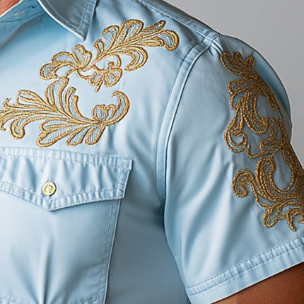 Men's Summer Cowboy Shirt | Embroidered Short Sleeve | Lightweight Cotton Blend | Casual Western Style | Button-Down | Breathable Fabric | Regular Fit | Versatile Men's Top