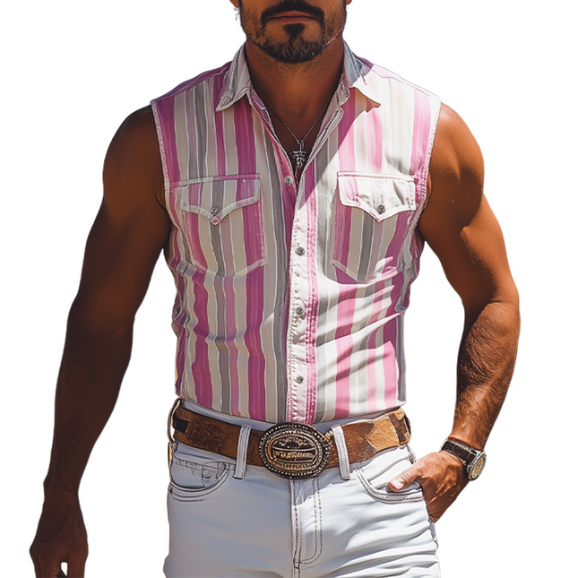 Men's Retro Western Striped Sleeveless Shirt | Casual Cotton Blend | Summer Cowboy Style | Comfortable & Breathable Tank Top