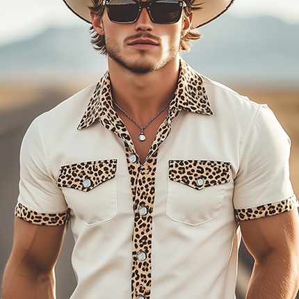 Men's Retro Western Cowboy Style Shirt | Cotton Blend | Leopard Print Stitching | Slim Fit | Short-Sleeved | Vintage Inspired | Casual Spring & Summer Top
