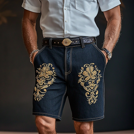 Men's Retro Embroidered Denim Shorts | Vintage Style | Straight Leg | Durable Denim | Comfortable Fit | Above Knee Length | Casual Summer Wear | Festival Outfit | Nostalgic Classic Embroidery