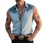 Men's Sleeveless Western Cowboy Shirt | Retro Ranch Print | Lapel Collar | Vintage Style | Breathable Fabric | Ideal for Outdoor Events & Casual Wear | Sizes S-3XL | Spring & Summer Fit