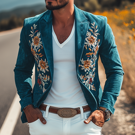 Men's Slim Fit Western Style Blazer | Classic Retro Suede | Embroidered Sheepskin | Casual & Semi-Formal Outerwear | Tailored Notched Lapel Design | Versatile Fashion Piece for All Occasions