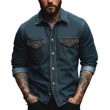 Men's Vintage Blue Embroidered Long Sleeve Denim Shirt | Washed Retro Style | Durable Comfortable Fabric | Turn-Down Collar | Button-Down Closure | Stylish Casual Attire | Chest Pockets | Classic Tailored Fit