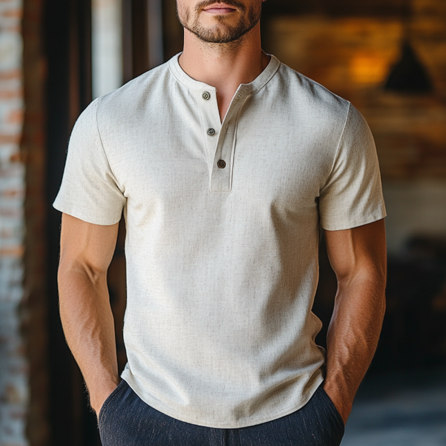 Men's Linen Blend Casual Shirt | Breathable Short Sleeve | Henley Collar | Slim Fit | Lightweight & Moisture-Wicking | Ideal for Warm Weather | Versatile & Stylish | Comfortable Modern Fit