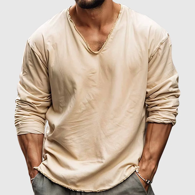 Men's V Neck Long Sleeve T-Shirt | Solid Color | Rolled-Up Sleeves | Loose Fit | Casual Comfort | Versatile Everyday Top