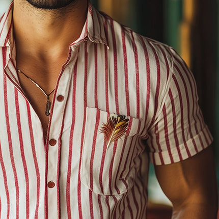 Men's Red Vertical Stripe Embroidered Shirt | Short Sleeve | Spread Collar | Soft Cotton Blend | Elegant Casual Top | M-3XL | Summer Fashion