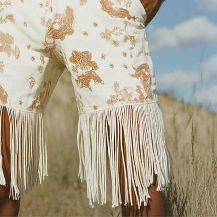 Men's Cotton-Denim Shorts | Western Cowboy Style | Vintage Fringe | Relaxed Fit | Mid-Thigh Length | Button Fly | Side Pockets | S to 3XL | Festival Outfit | Summer Casual Wear