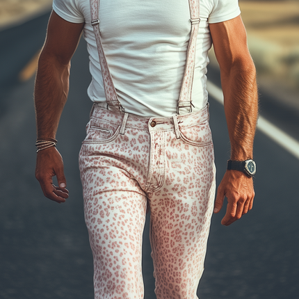 Men's Overalls | Spring and Summer Fashion | Retro Western Cowboy Style | Washed Denim with Pink Leopard Print | Detachable Straps | Unique Personality | Stylish and Functional