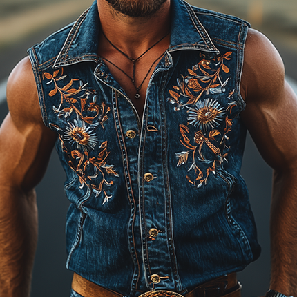 Men's Sleeveless Denim Shirt | Retro Western Cowboy Style | Summer Fashion | Embroidered Design | Casual Wear | Durable Breathable Fabric | Versatile | Easy Pairing | Comfortable Outdoor Essential