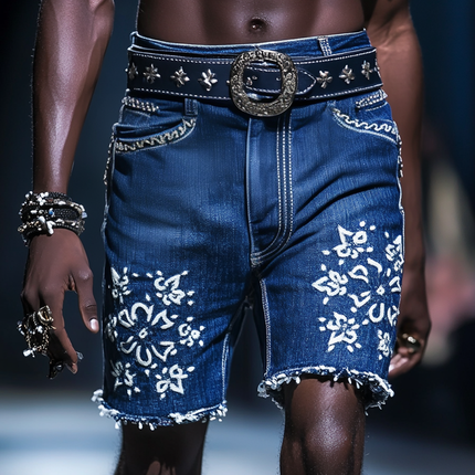 Men's Embroidered Denim Shorts | Straight Leg | Casual Summer Shorts | Fashionable Design | Comfortable Fit | Above The Knee | Durable Denim | Trendy Embroidery | Ideal for Outdoor Activities & Social Gatherings