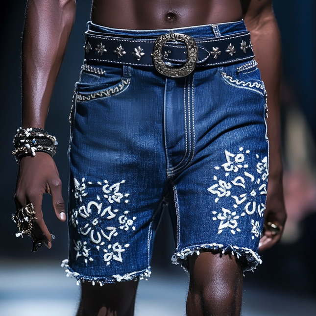 Men's Embroidered Denim Shorts | Straight Leg | Casual Summer Shorts | Fashionable Design | Comfortable Fit | Above The Knee | Durable Denim | Trendy Embroidery | Ideal for Outdoor Activities & Social Gatherings