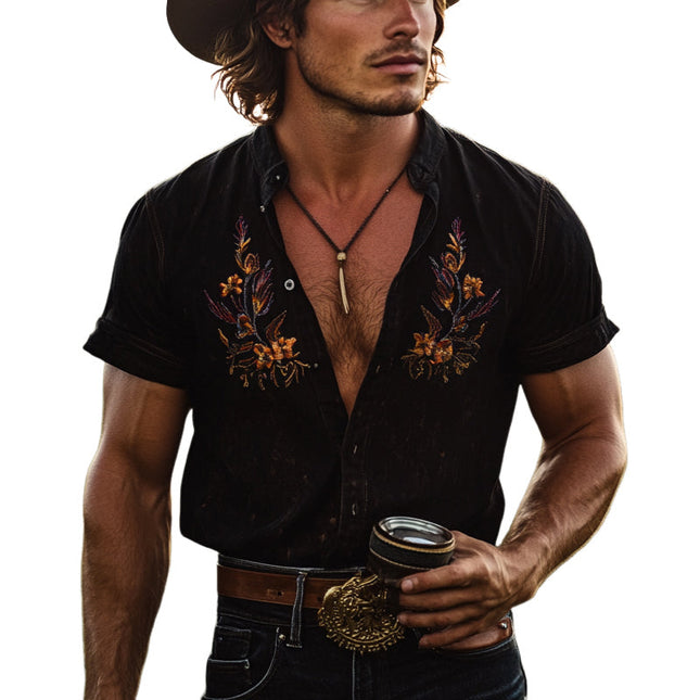 Men's Vintage Embroidered Lapel Shirt | Short Sleeve | Classic Design | Elegant Embroidery | Breathable Fabric | Versatile Styles | Perfect for Casual and Formal Events