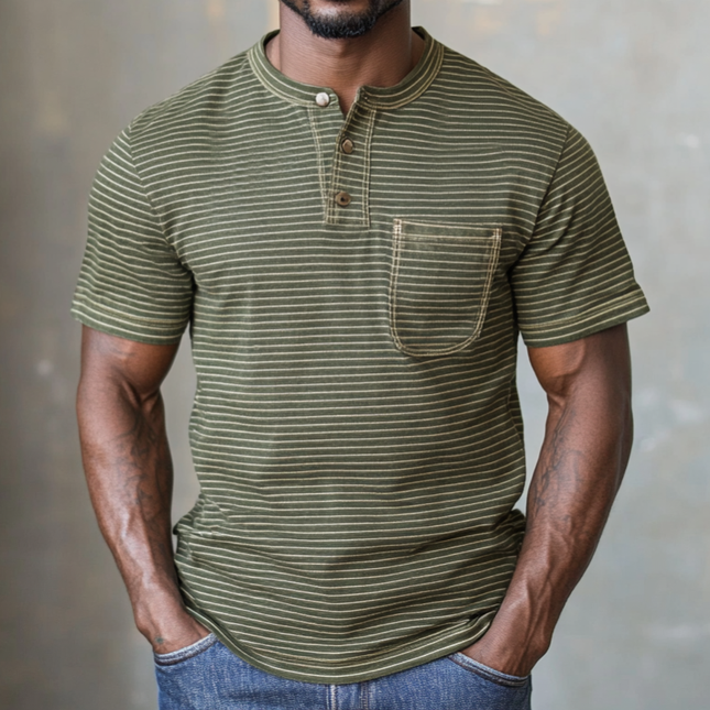Men's Premium Cotton Striped Henley Collar T-Shirt | Slim Fit Short Sleeve | Patch Pocket | Casual Stylish Top