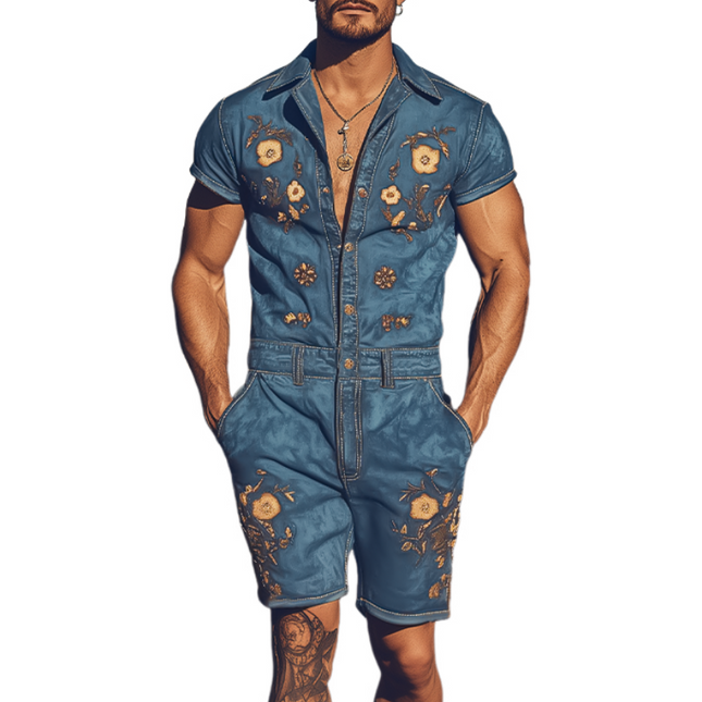 Men's Summer Jumpsuit | Retro Western Cowboy Style | Embroidered Design | Breathable Fabric | Comfortable Fit | Versatile Styling | Functional Pockets | MTA1762D6K