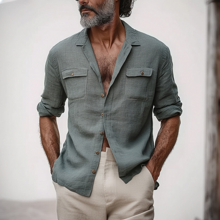 Men's Long Sleeve Shirt | Casual Slim Fit | Breathable Cotton Linen | Lapel Collar | Chest Pocket | Lightweight & Textured Fabric | Ideal for Casual Outings & Summer Events