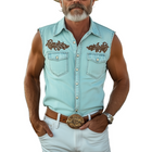 Men's Sleeveless Shirt | Washed Tencel Denim | Embroidered Western Style | Slim Fit | Breathable | Spring Summer Fashion
