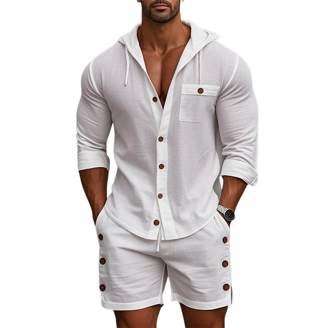 Men's Casual Hoodie and Shorts Set | Cotton Linen Blend | Long Sleeve Top | Solid Color | Breathable and Durable | Comfortable Fit | Versatile Style for Casual Outings | Easy Care Fabric