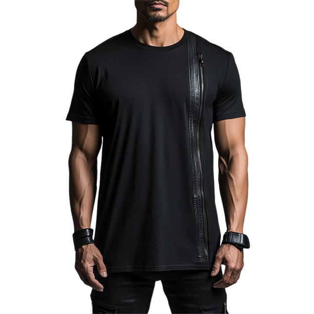 Men's Short Sleeve Zip-Up T-Shirt | Casual Cotton Leather Accents | Crew Neck | Breathable Fabric | Stylish Weekend Wear