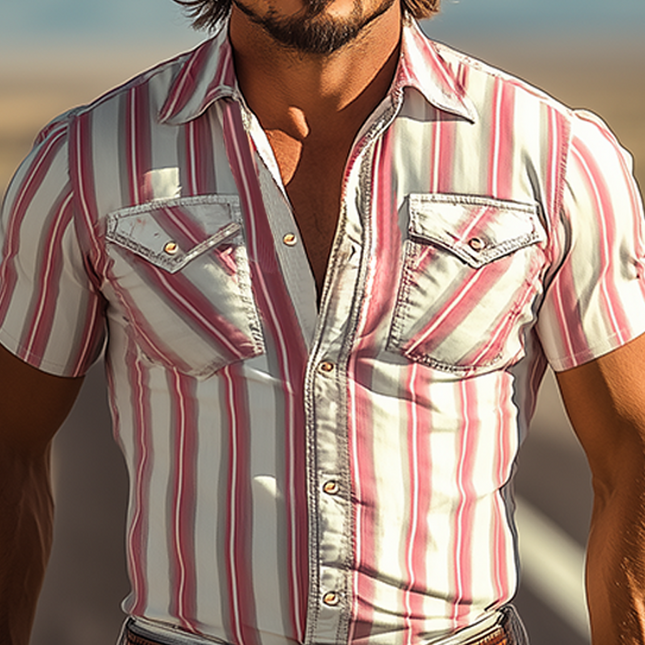 Men's Retro Western Short Sleeve Shirt | Slim Fit | Vertical Stripes | Cotton Blend | Spring Summer Casual Wear | Breathable Comfortable Style | Vintage Cowboy Influence