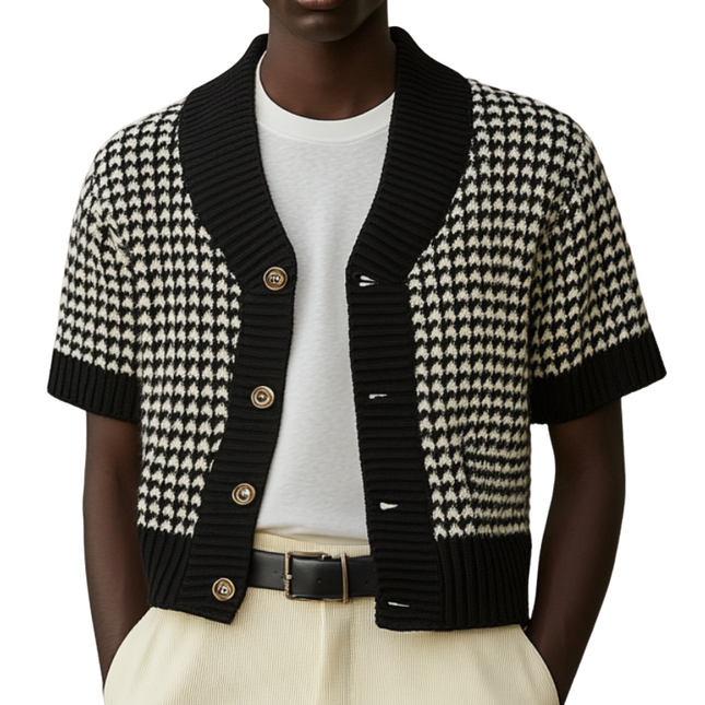 Men's Short Sleeve Cardigan | Contrast Houndstooth Jacquard Knit | Single Breasted | Casual Layering | Premium Fabric | Stylish & Comfortable | Versatile Smart Casual Outerwear
