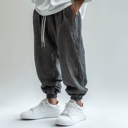 Men's Striped Casual Pants | Breathable Cotton Linen | Elastic Waist | Loose Fit | Cuffed Legs | Versatile Style | High-Quality Fabric | Functional Pockets | Easy Care | Multiple Sizes Available