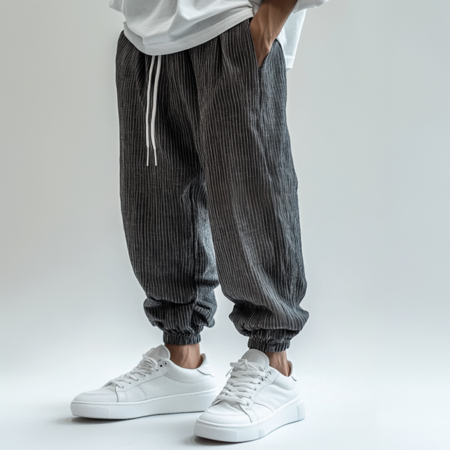 Men's Striped Casual Pants | Breathable Cotton Linen | Elastic Waist | Loose Fit | Cuffed Legs | Versatile Style | High-Quality Fabric | Functional Pockets | Easy Care | Multiple Sizes Available