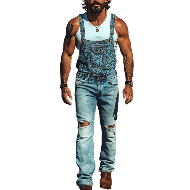 Men's Retro Cowboy Overalls | Washed Denim | Leopard Print | Distressed Knee Holes | Spring & Summer Fashion | Unique Western Style | Trendy Streetwear | Durable & Breathable