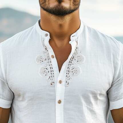 Men's Summer Western Shirt | Cotton Linen Blend | Stand Collar Design | Hollow Embroidery Detail | Short Sleeves | Breathable & Comfortable | Casual Style | Fashionable Warm Weather Choice