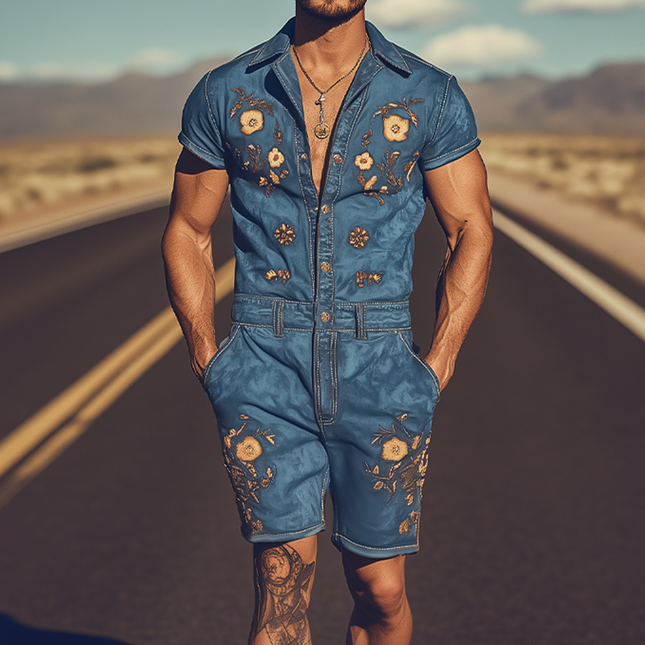 Men's Summer Jumpsuit | Retro Western Cowboy Style | Embroidered Design | Breathable Fabric | Comfortable Fit | Versatile Styling | Functional Pockets | MTA1762D6K