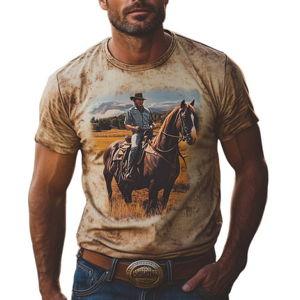 Men's Western Retro Print T-Shirt | Round Neck | Cowboy Style | Summer Casual Shirt | Soft Cotton-Blend | Short Sleeves | Comfortable Fit | S-3XL