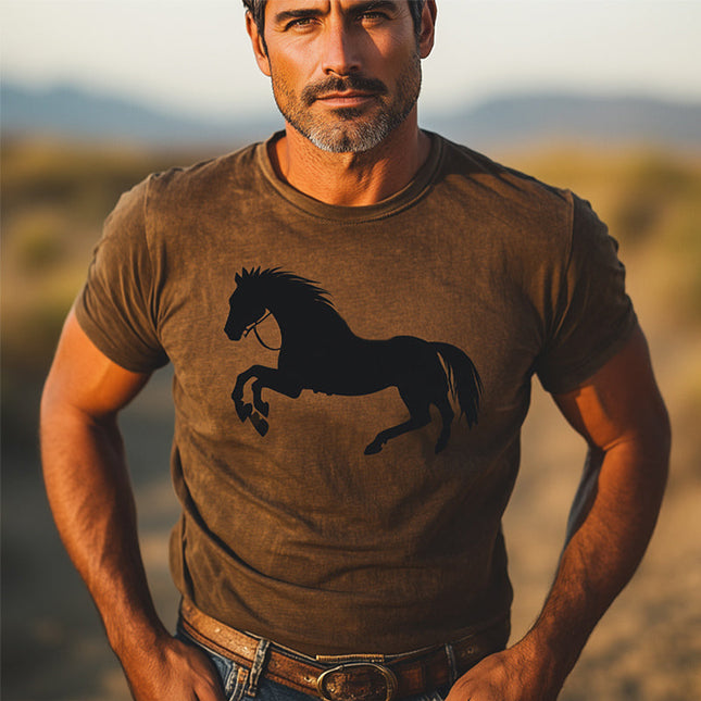 Men's Western Cowboy Style T-Shirt | Printed Crew Neck | Short Sleeve | Cotton Spandex Blend | Versatile Casual Top | Classic Design | Available in Various Sizes | Bold Cowboy Motifs