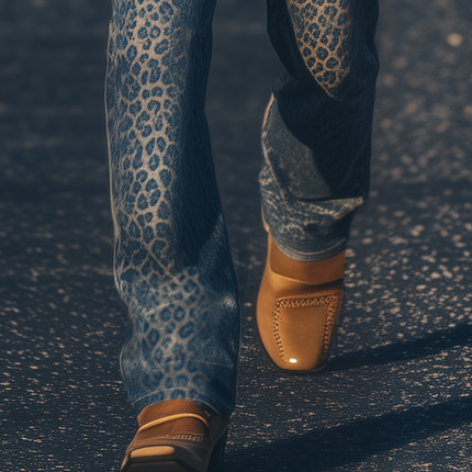 Men's Fashion | Spring Summer Retro Western Style Washed Denim Leopard Print Pants | Vintage Cowboy Look | Casual Straight-Leg Jeans | Breathable Fabric | Bold Leopard Print | MTA1337E1K