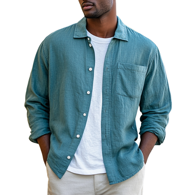 Men's Linen Blend Long Sleeve Shirt | Casual Loose Fit | Breathable | Lapel Collar | Button Down | Lightweight | Versatile Styling | Ideal for Outdoor Activities | Stylish Everyday Wear
