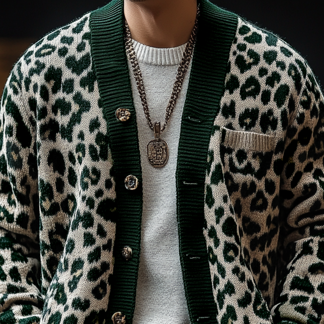 Men's Cardigan | Vintage Leopard Jacquard | Colorblock Design | Single Breasted | V-Neck | Wool Blend | Long Sleeves | Casual Fashion Sweater | Fall Winter Layering | Outerwear
