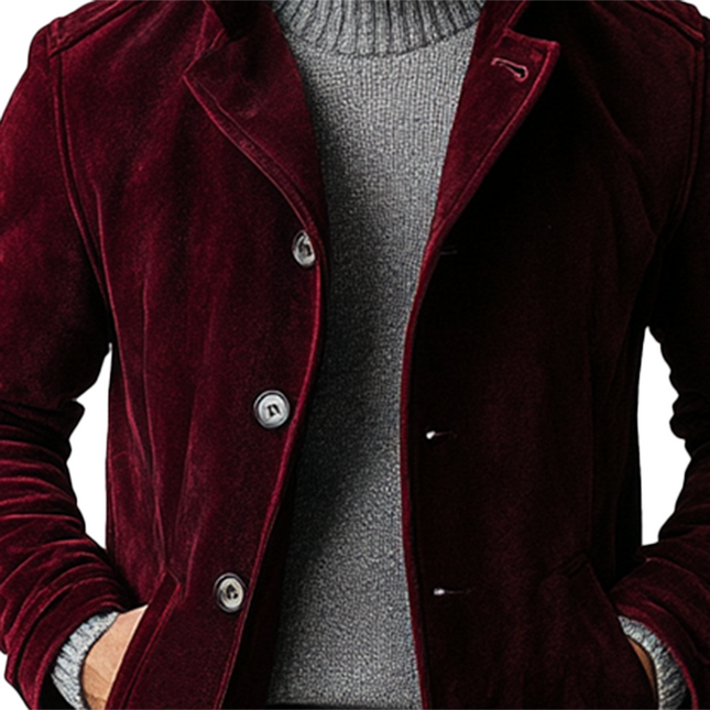 Men's Suede Coat | Vintage Style | Single Breasted | Mid-Length | Regular Fit | Notched Lapel Collar | Long Sleeves | Premium Suede | Solid Color | Functional Pockets | Fall Winter Fashion | Outerwear