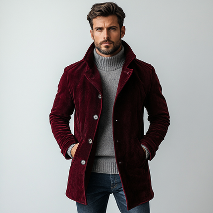 Men's Suede Coat | Vintage Style | Single Breasted | Mid-Length | Regular Fit | Notched Lapel Collar | Long Sleeves | Premium Suede | Solid Color | Functional Pockets | Fall Winter Fashion | Outerwear